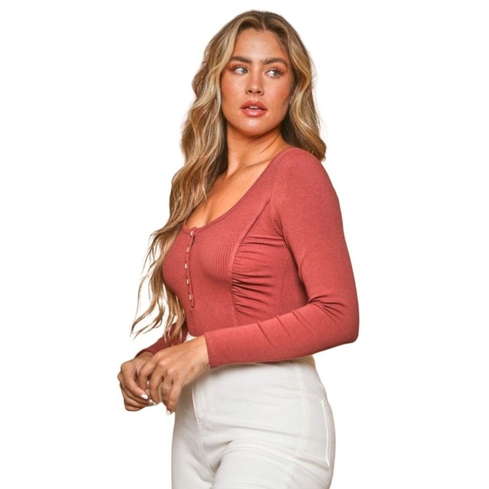 PEACH LOVE CA Ribbed Long Sleeve Terracotta Body Suit KBS84093 - Picture 2 of 8